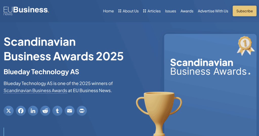 Blueday Technology AS is one of the 2025 winners of Scandinavian Business Awards at EU Business News